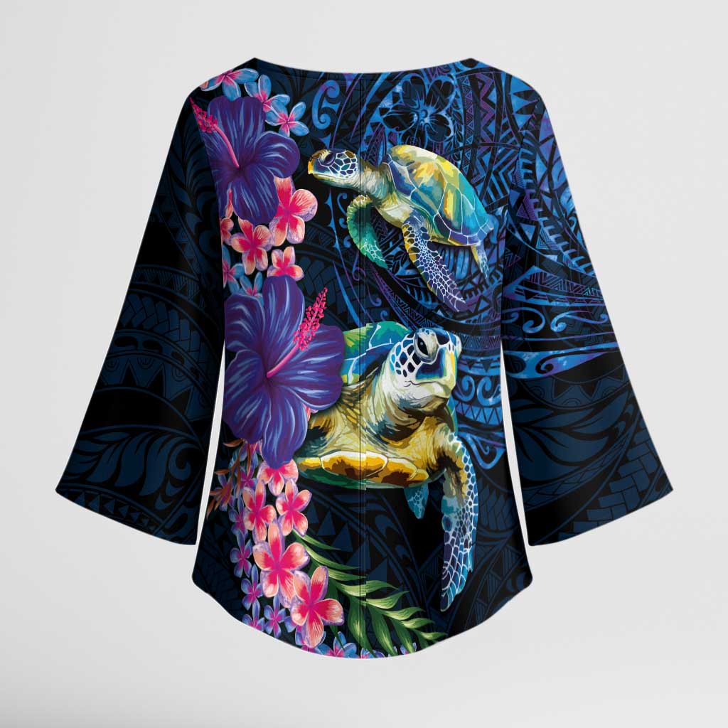 Hawaiian Plumeria and Hibiscus with Turtles Kimono Sleeve Blouse Polynesian Art Dark Cyan Color LT03 - Polynesian Pride