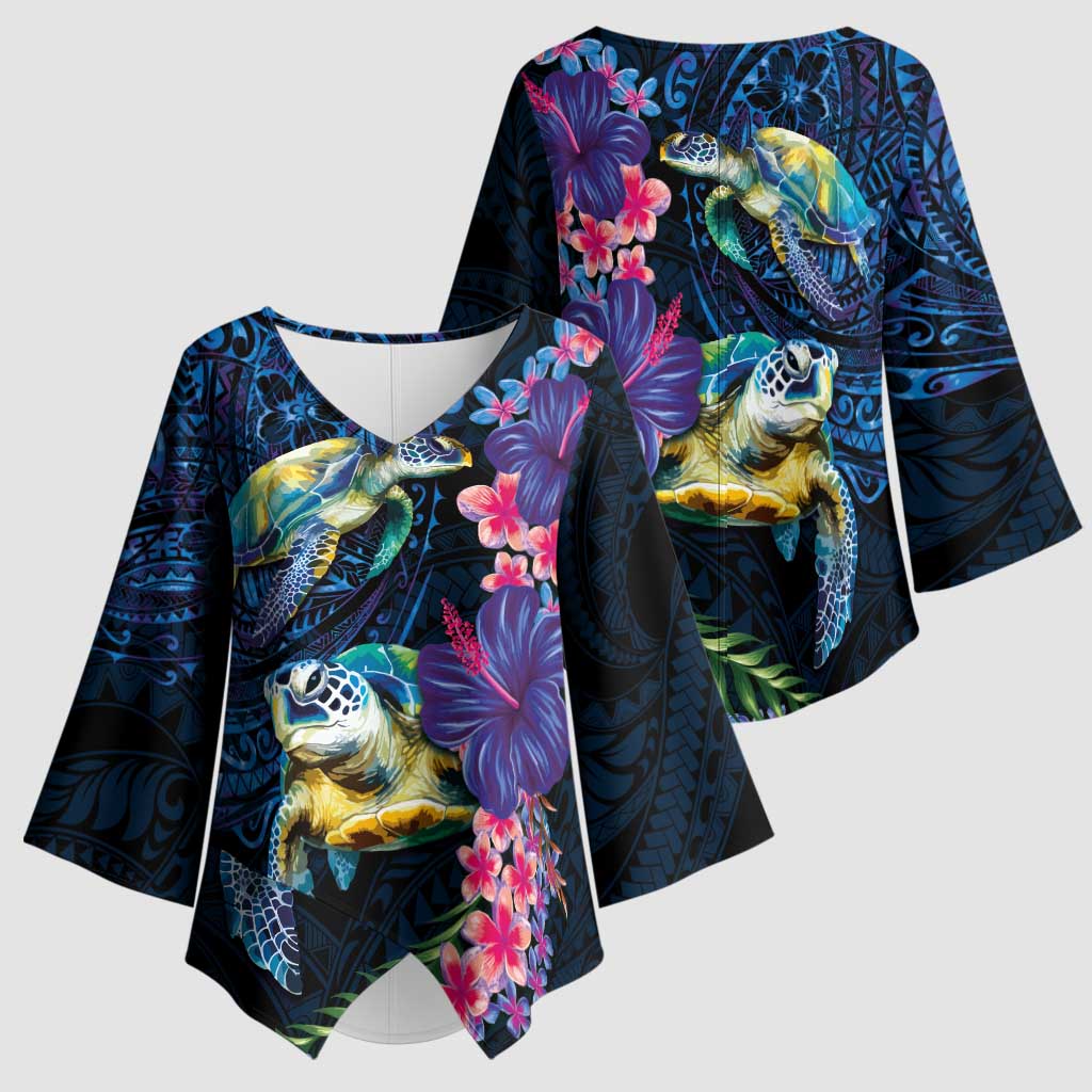 Hawaiian Plumeria and Hibiscus with Turtles Kimono Sleeve Blouse Polynesian Art Dark Cyan Color LT03 - Polynesian Pride