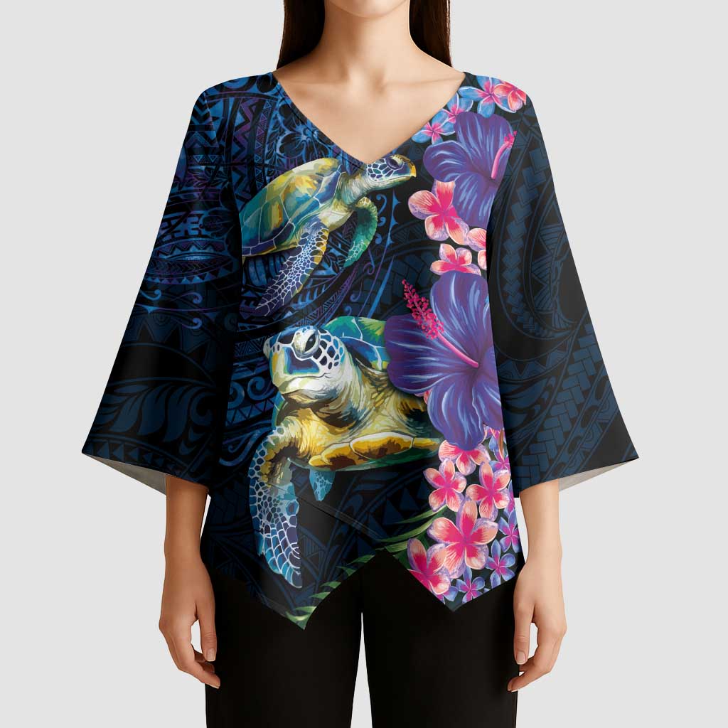 Hawaiian Plumeria and Hibiscus with Turtles Kimono Sleeve Blouse Polynesian Art Dark Cyan Color LT03 - Polynesian Pride