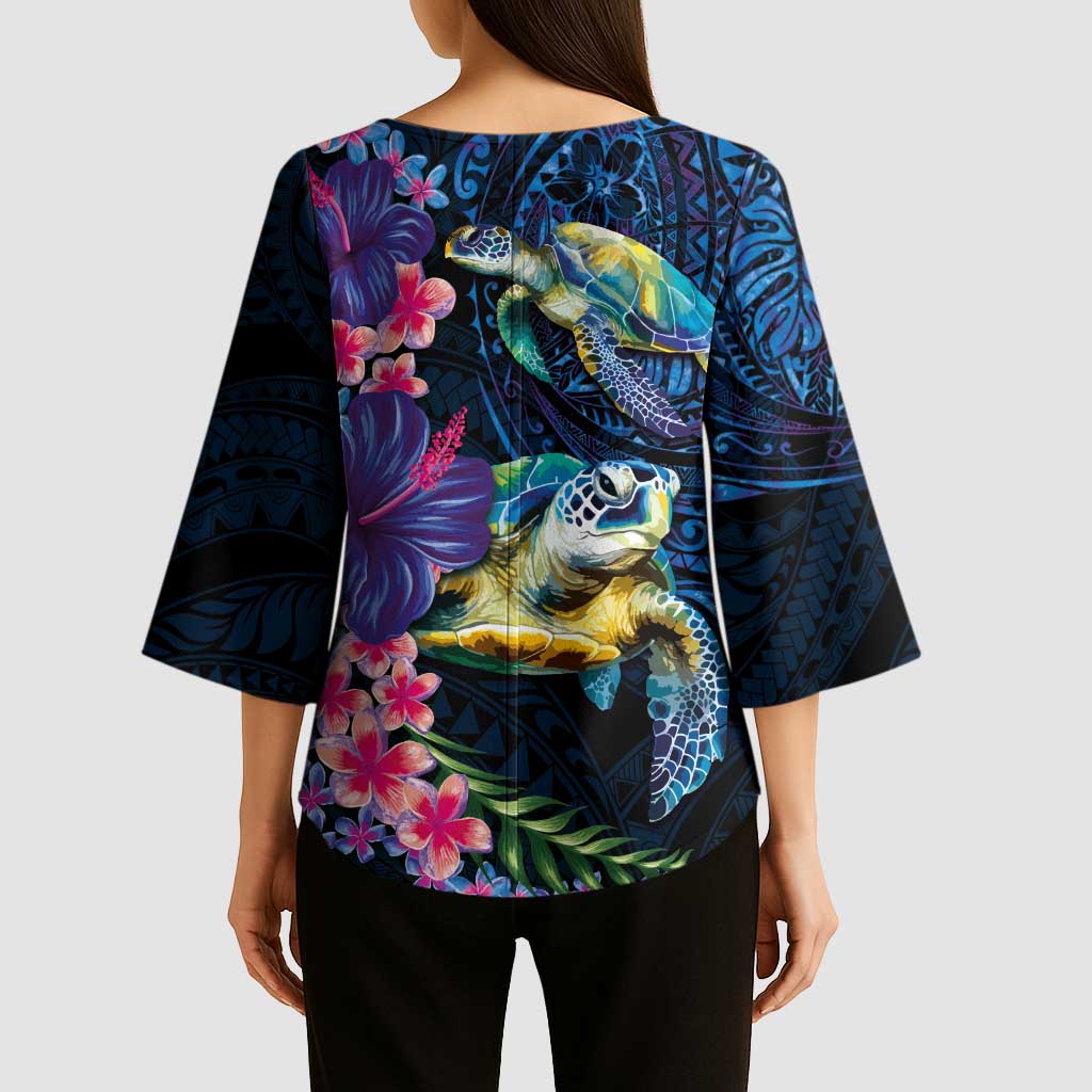 Hawaiian Plumeria and Hibiscus with Turtles Kimono Sleeve Blouse Polynesian Art Dark Cyan Color LT03 - Polynesian Pride