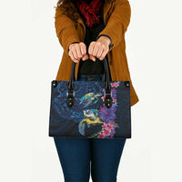 Hawaiian Plumeria and Hibiscus with Turtles Leather Bag Polynesian Art Dark Cyan Color LT03 - Polynesian Pride