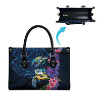 Hawaiian Plumeria and Hibiscus with Turtles Leather Bag Polynesian Art Dark Cyan Color LT03 - Polynesian Pride