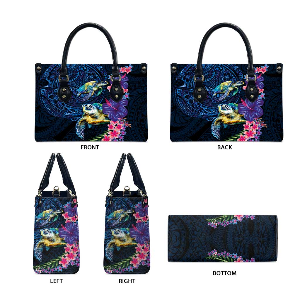 Hawaiian Plumeria and Hibiscus with Turtles Leather Bag Polynesian Art Dark Cyan Color LT03 - Polynesian Pride