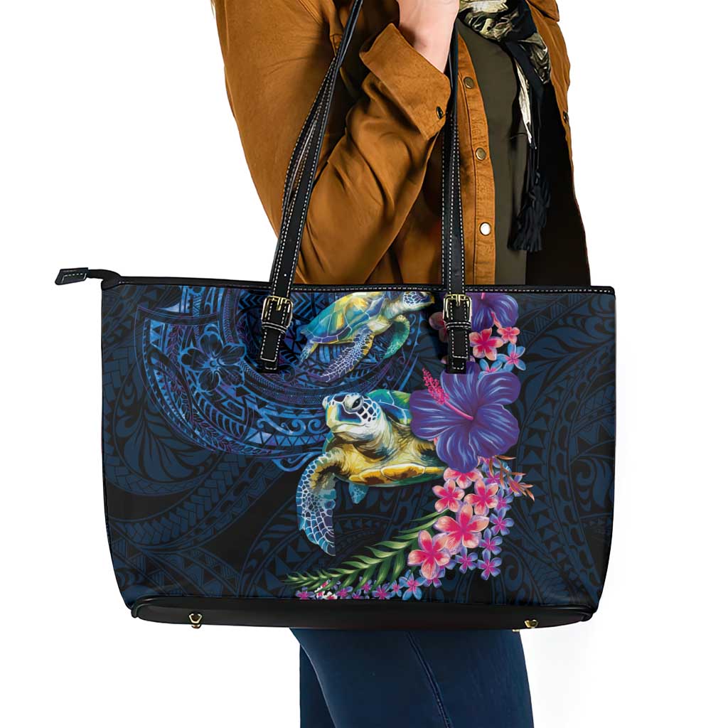 Hawaiian Plumeria and Hibiscus with Turtles Leather Tote Bag Polynesian Art Dark Cyan Color LT03 - Polynesian Pride