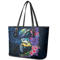 Hawaiian Plumeria and Hibiscus with Turtles Leather Tote Bag Polynesian Art Dark Cyan Color LT03 - Polynesian Pride
