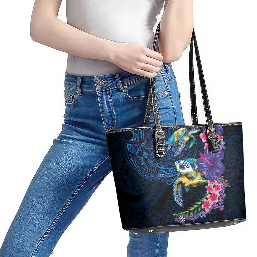 Hawaiian Plumeria and Hibiscus with Turtles Leather Tote Bag Polynesian Art Dark Cyan Color LT03 - Polynesian Pride