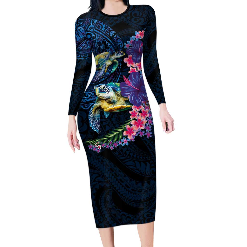 Hawaiian Plumeria and Hibiscus with Turtles Long Sleeve Bodycon Dress Polynesian Art Dark Cyan Color LT03 Long Dress Dark Cyan - Polynesian Pride