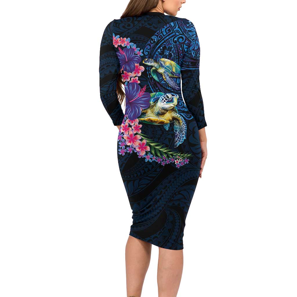 Hawaiian Plumeria and Hibiscus with Turtles Long Sleeve Bodycon Dress Polynesian Art Dark Cyan Color LT03 - Polynesian Pride