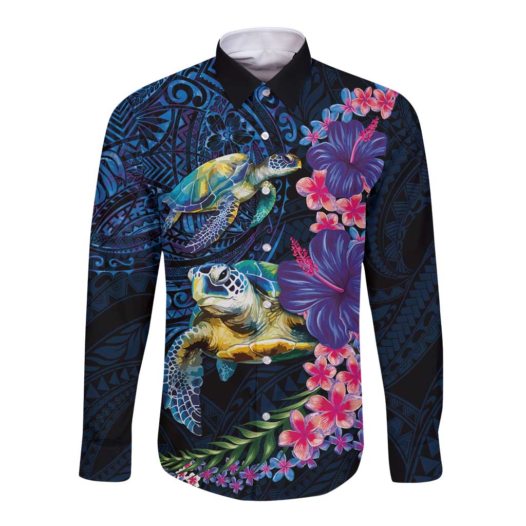 Hawaiian Plumeria and Hibiscus with Turtles Long Sleeve Button Shirt Polynesian Art Dark Cyan Color LT03 Unisex Dark Cyan - Polynesian Pride