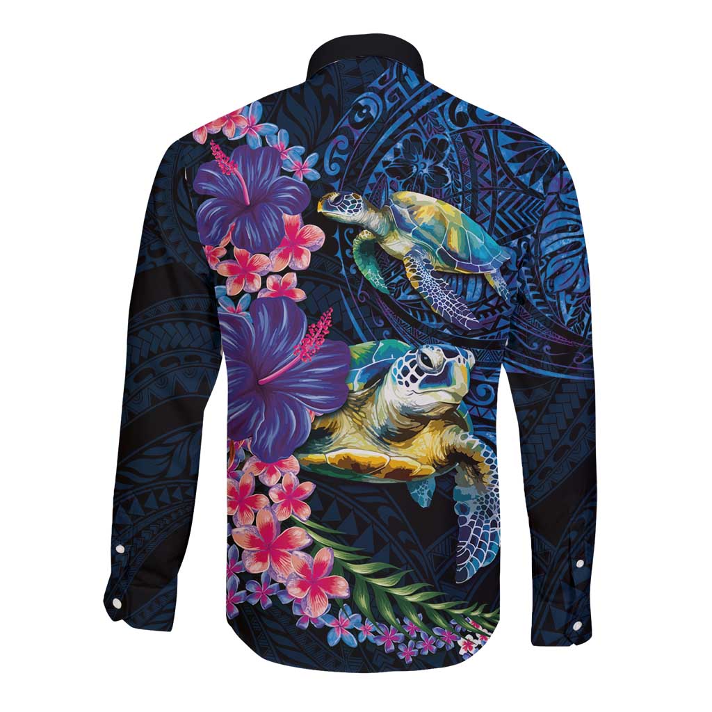 Hawaiian Plumeria and Hibiscus with Turtles Long Sleeve Button Shirt Polynesian Art Dark Cyan Color LT03 - Polynesian Pride