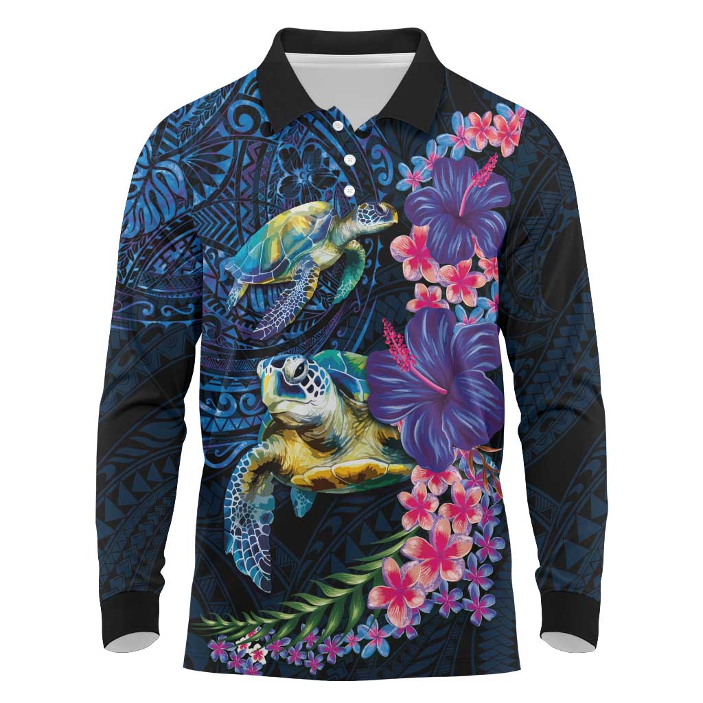 Hawaiian Plumeria and Hibiscus with Turtles Long Sleeve Polo Shirt Polynesian Art Dark Cyan Color LT03 Dark Cyan - Polynesian Pride