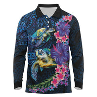 Hawaiian Plumeria and Hibiscus with Turtles Long Sleeve Polo Shirt Polynesian Art Dark Cyan Color LT03 Dark Cyan - Polynesian Pride