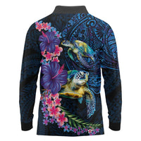 Hawaiian Plumeria and Hibiscus with Turtles Long Sleeve Polo Shirt Polynesian Art Dark Cyan Color LT03 - Polynesian Pride