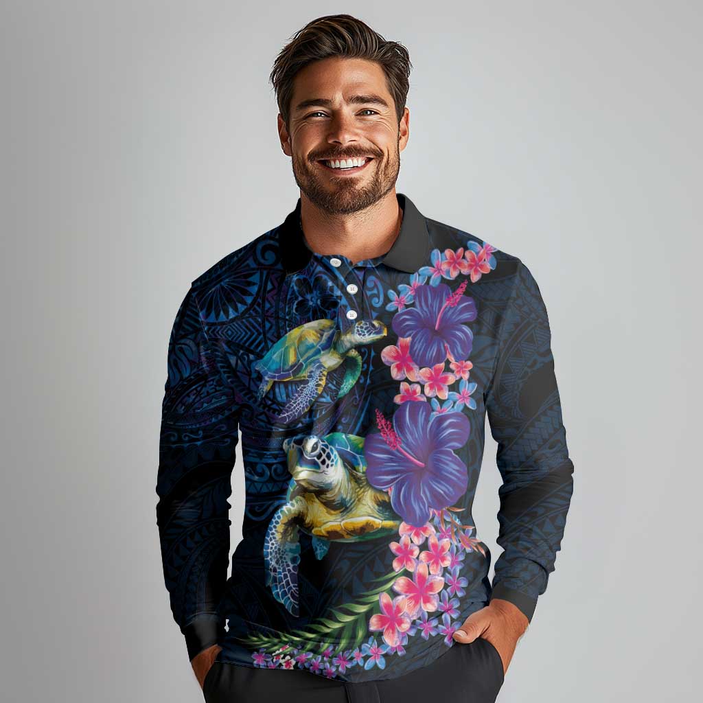 Hawaiian Plumeria and Hibiscus with Turtles Long Sleeve Polo Shirt Polynesian Art Dark Cyan Color LT03 - Polynesian Pride