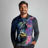 Hawaiian Plumeria and Hibiscus with Turtles Long Sleeve Polo Shirt Polynesian Art Dark Cyan Color LT03 - Polynesian Pride