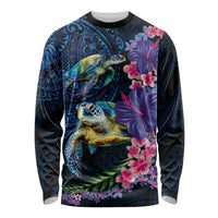 Hawaiian Plumeria and Hibiscus with Turtles Long Sleeve Shirt Polynesian Art Dark Cyan Color LT03 Unisex Dark Cyan - Polynesian Pride