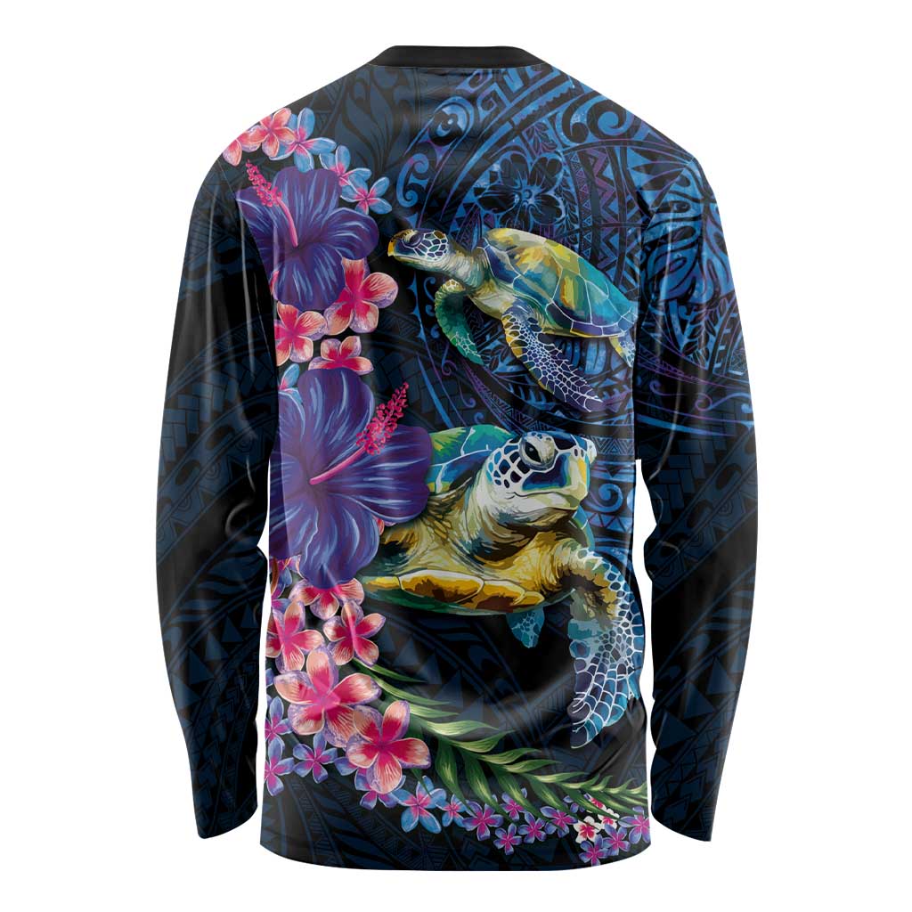 Hawaiian Plumeria and Hibiscus with Turtles Long Sleeve Shirt Polynesian Art Dark Cyan Color LT03 - Polynesian Pride