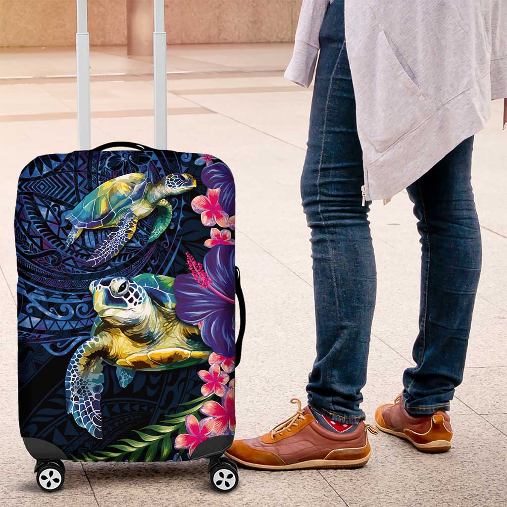 Hawaiian Plumeria and Hibiscus with Turtles Luggage Cover Polynesian Art Dark Cyan Color LT03 Dark Cyan - Polynesian Pride