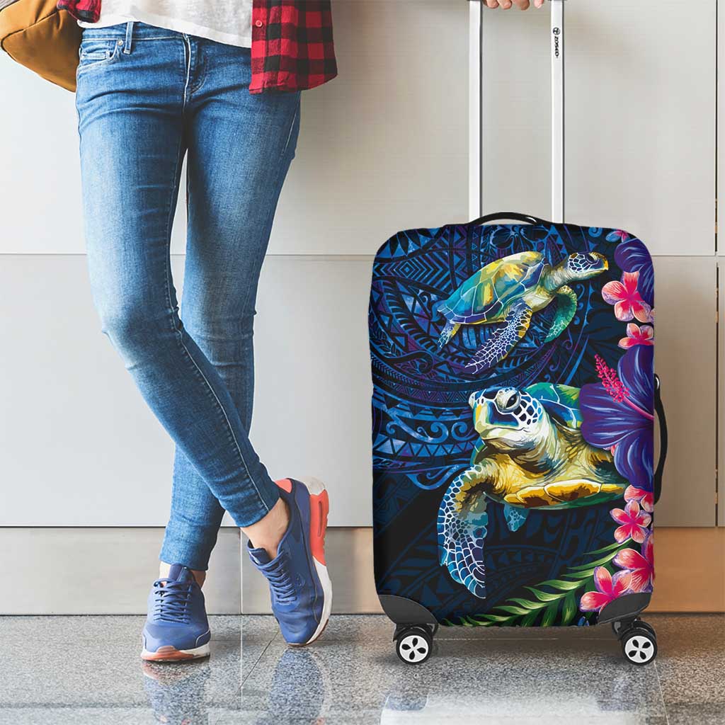 Hawaiian Plumeria and Hibiscus with Turtles Luggage Cover Polynesian Art Dark Cyan Color LT03 - Polynesian Pride