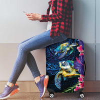 Hawaiian Plumeria and Hibiscus with Turtles Luggage Cover Polynesian Art Dark Cyan Color LT03 - Polynesian Pride