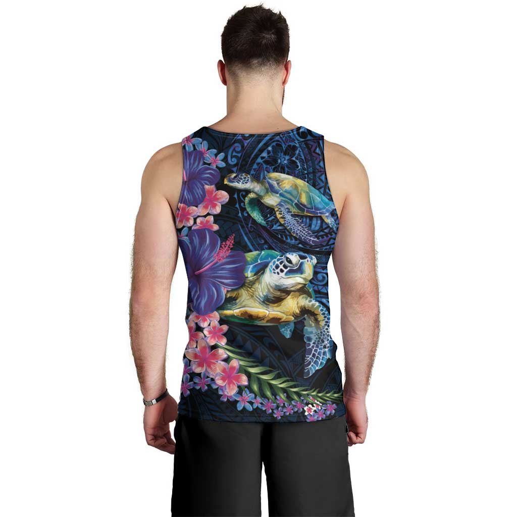 Hawaiian Plumeria and Hibiscus with Turtles Men Tank Top Polynesian Art Dark Cyan Color LT03 - Polynesian Pride