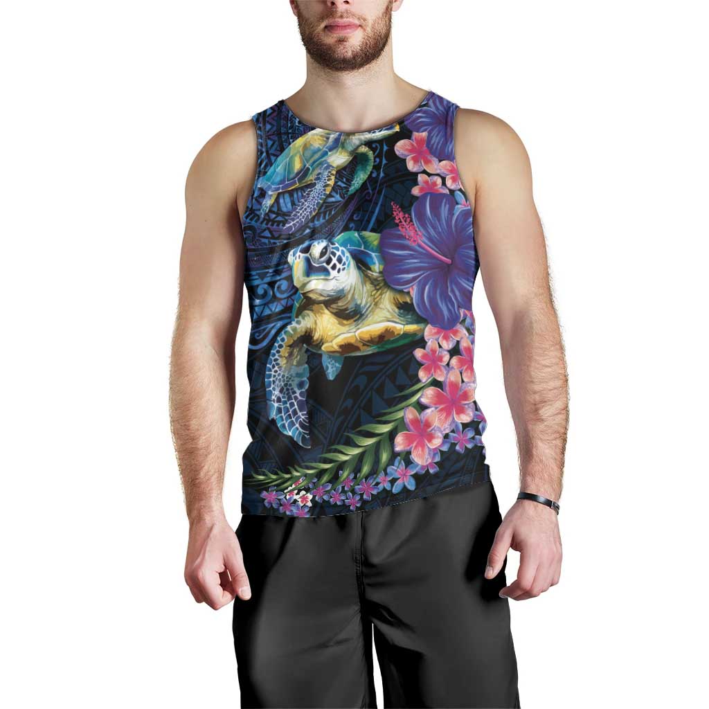 Hawaiian Plumeria and Hibiscus with Turtles Men Tank Top Polynesian Art Dark Cyan Color LT03 - Polynesian Pride