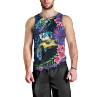 Hawaiian Plumeria and Hibiscus with Turtles Men Tank Top Polynesian Art Dark Cyan Color LT03 - Polynesian Pride