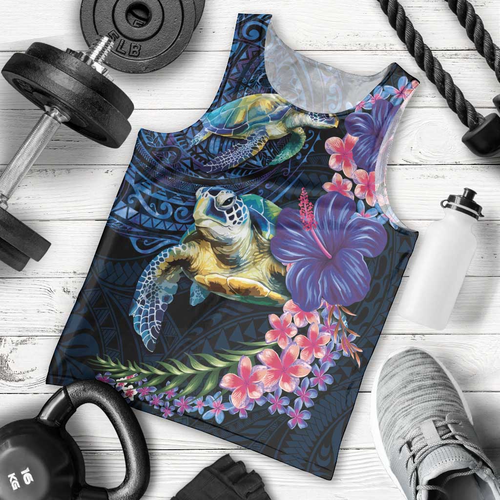 Hawaiian Plumeria and Hibiscus with Turtles Men Tank Top Polynesian Art Dark Cyan Color LT03 - Polynesian Pride