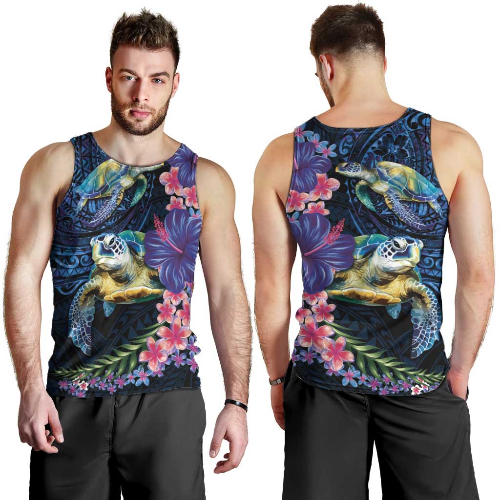 Hawaiian Plumeria and Hibiscus with Turtles Men Tank Top Polynesian Art Dark Cyan Color LT03 - Polynesian Pride
