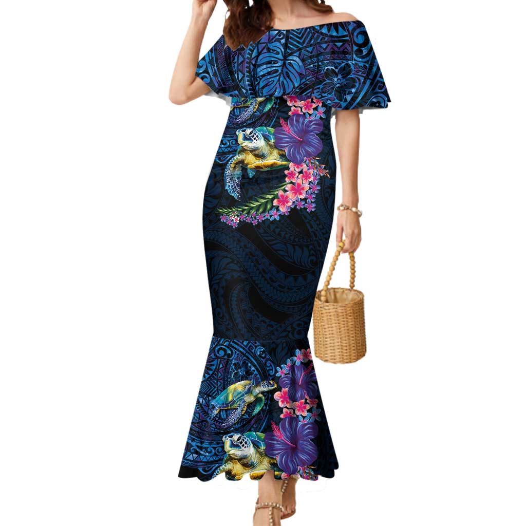 Hawaiian Plumeria and Hibiscus with Turtles Mermaid Dress Polynesian Art Dark Cyan Color LT03 Women Dark Cyan - Polynesian Pride