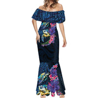 Hawaiian Plumeria and Hibiscus with Turtles Mermaid Dress Polynesian Art Dark Cyan Color LT03 - Polynesian Pride