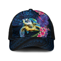 Hawaiian Plumeria and Hibiscus with Turtles Mesh Trucker Cap Polynesian Art Dark Cyan Color - Polynesian Pride