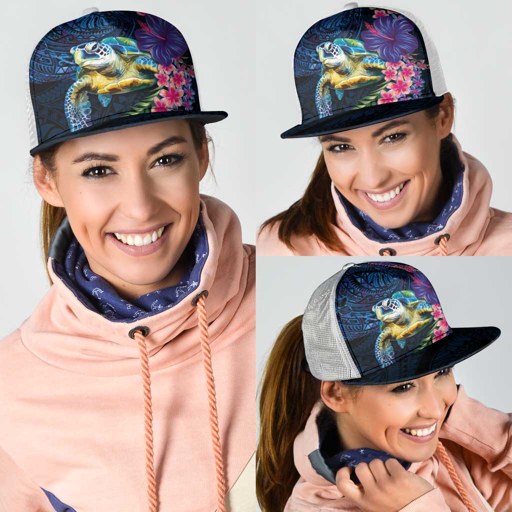 Hawaiian Plumeria and Hibiscus with Turtles Mesh Trucker Cap Polynesian Art Dark Cyan Color - Polynesian Pride