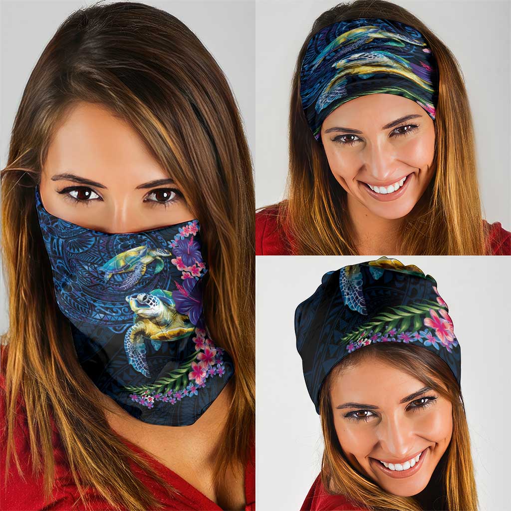 Hawaiian Plumeria and Hibiscus with Turtles Neck Gaiter Polynesian Art Dark Cyan Color LT03 - Polynesian Pride