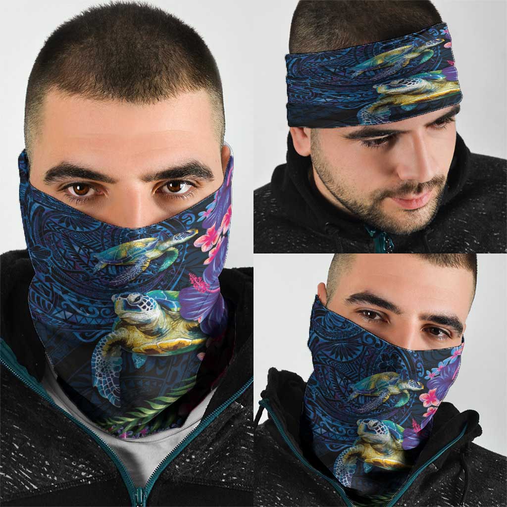 Hawaiian Plumeria and Hibiscus with Turtles Neck Gaiter Polynesian Art Dark Cyan Color LT03 - Polynesian Pride