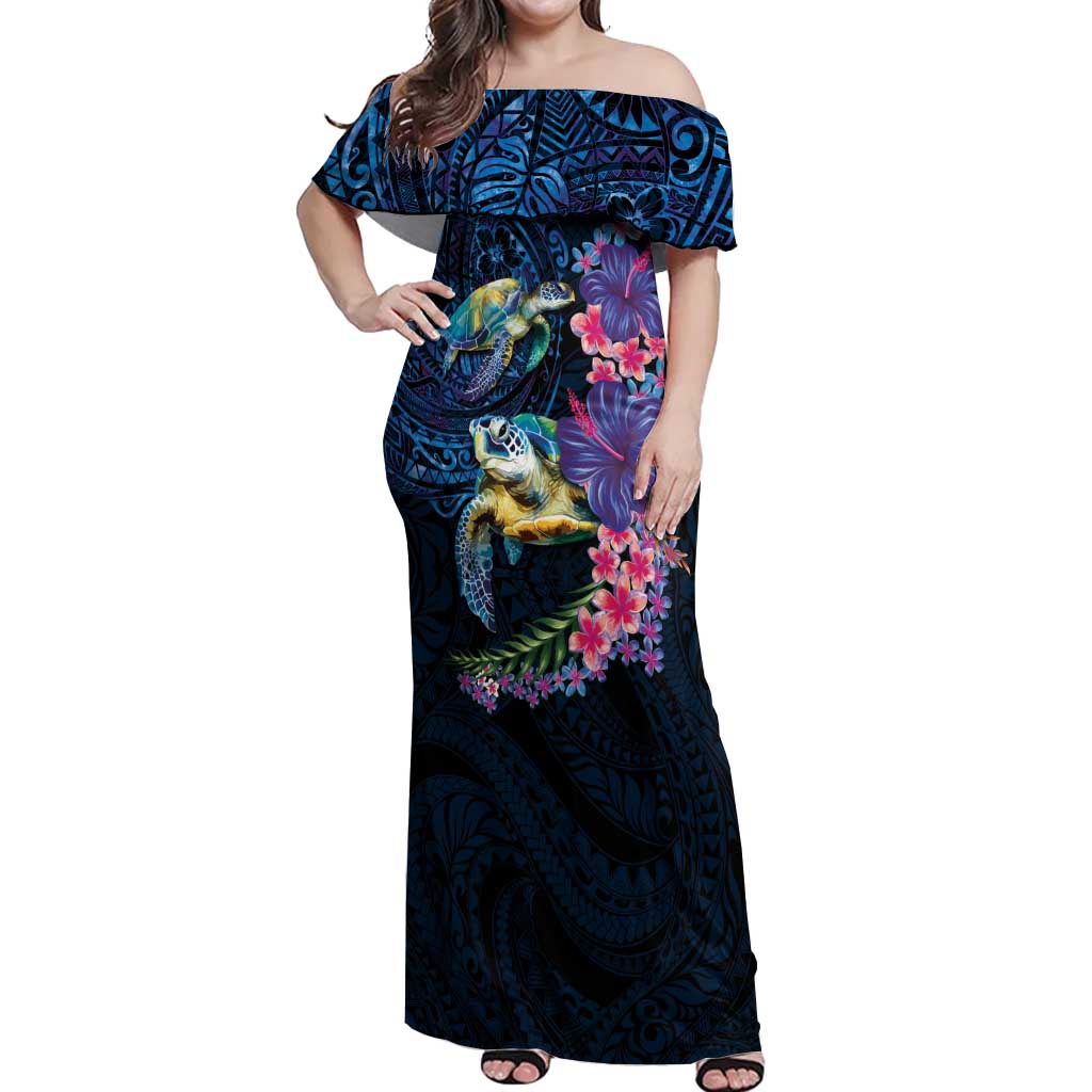 Hawaiian Plumeria and Hibiscus with Turtles Off Shoulder Maxi Dress Polynesian Art Dark Cyan Color LT03 Women Dark Cyan - Polynesian Pride