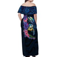 Hawaiian Plumeria and Hibiscus with Turtles Off Shoulder Maxi Dress Polynesian Art Dark Cyan Color LT03 - Polynesian Pride