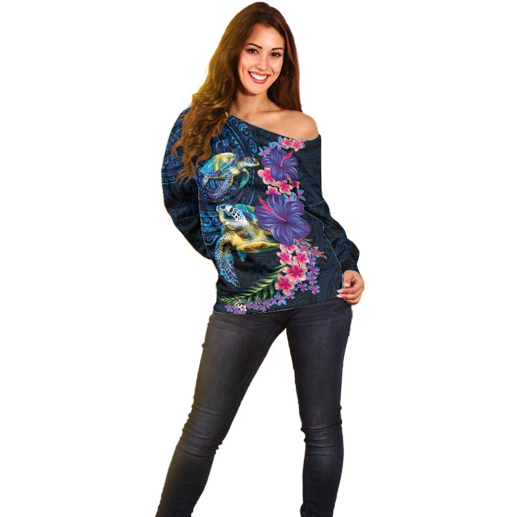 Hawaiian Plumeria and Hibiscus with Turtles Off Shoulder Sweater Polynesian Art Dark Cyan Color LT03 - Polynesian Pride