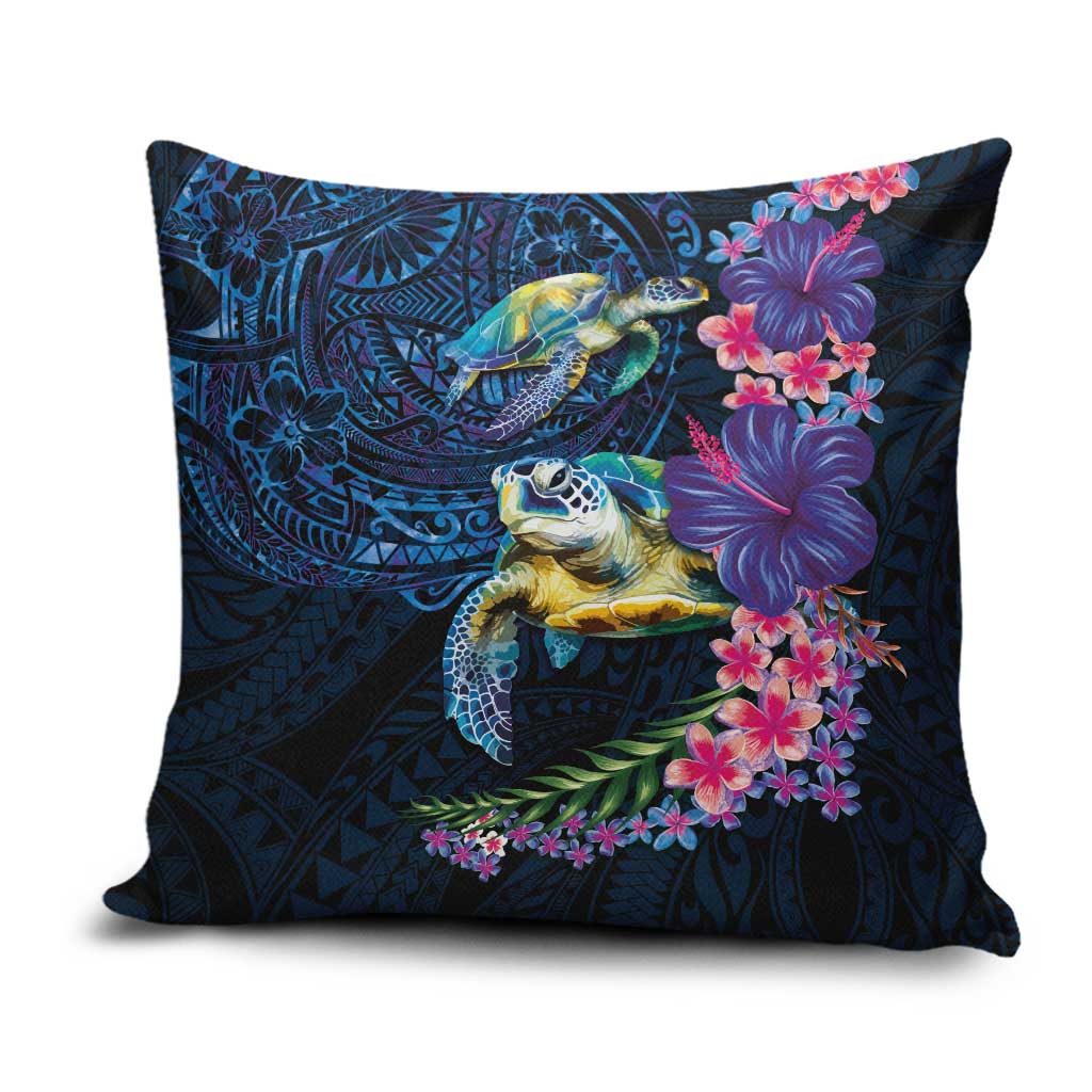 Hawaiian Plumeria and Hibiscus with Turtles Pillow Cover Polynesian Art Dark Cyan Color LT03 Dark Cyan - Polynesian Pride