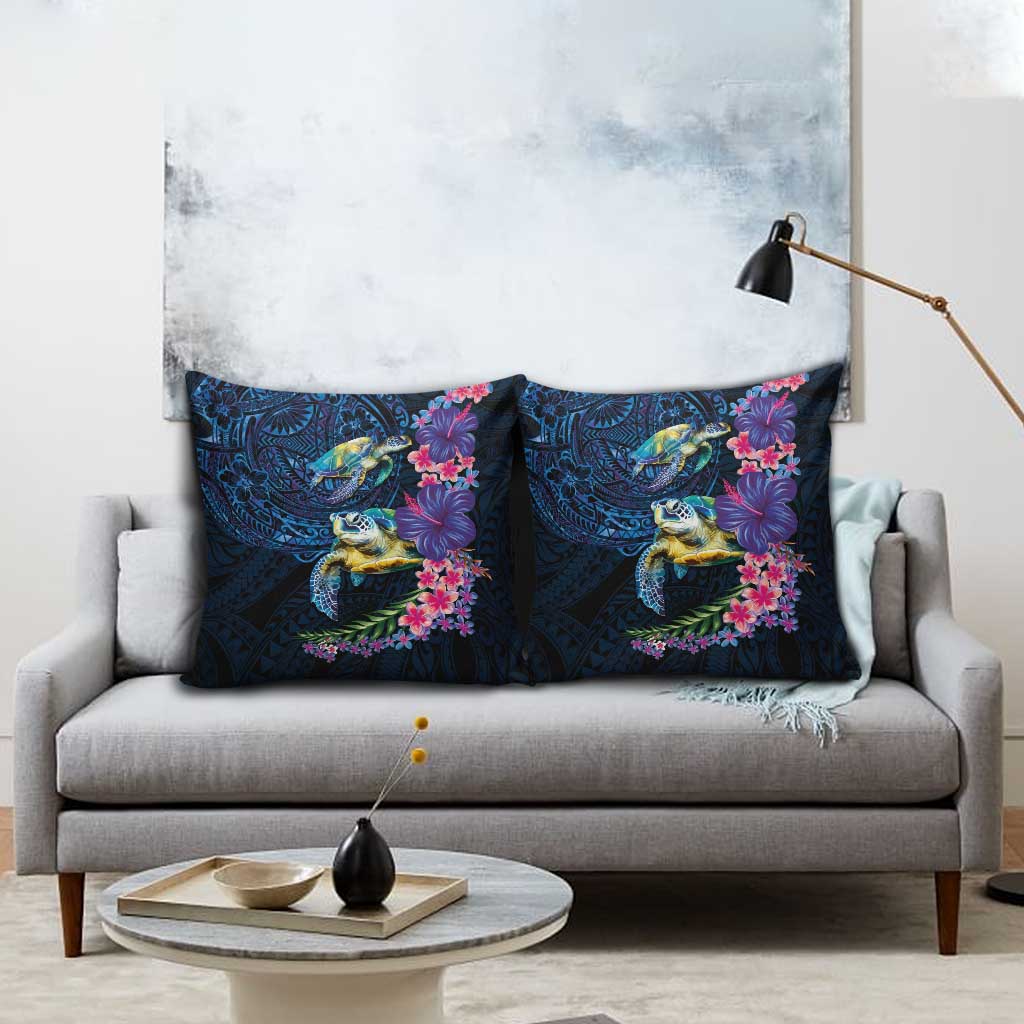 Hawaiian Plumeria and Hibiscus with Turtles Pillow Cover Polynesian Art Dark Cyan Color LT03 - Polynesian Pride