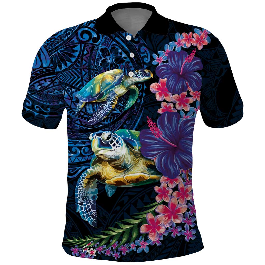 Hawaiian Plumeria and Hibiscus with Turtles Polo Shirt Polynesian Art Dark Cyan Color LT03 Dark Cyan - Polynesian Pride