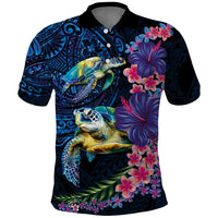 Hawaiian Plumeria and Hibiscus with Turtles Polo Shirt Polynesian Art Dark Cyan Color LT03 Dark Cyan - Polynesian Pride