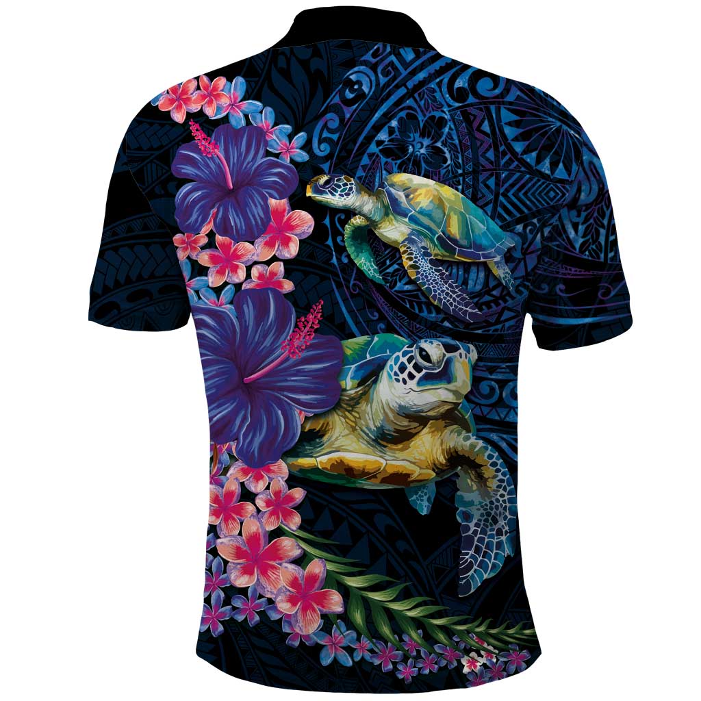 Hawaiian Plumeria and Hibiscus with Turtles Polo Shirt Polynesian Art Dark Cyan Color LT03 - Polynesian Pride