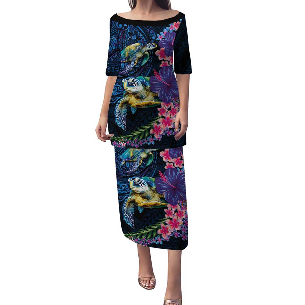 Hawaiian Plumeria and Hibiscus with Turtles Puletasi Polynesian Art Dark Cyan Color LT03 Long Dress Dark Cyan - Polynesian Pride