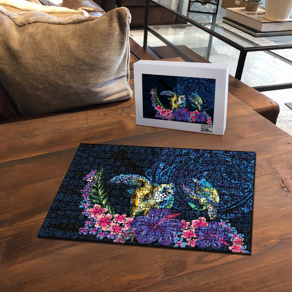 Hawaiian Plumeria and Hibiscus with Turtles Puzzle Polynesian Art Dark Cyan Color - Polynesian Pride
