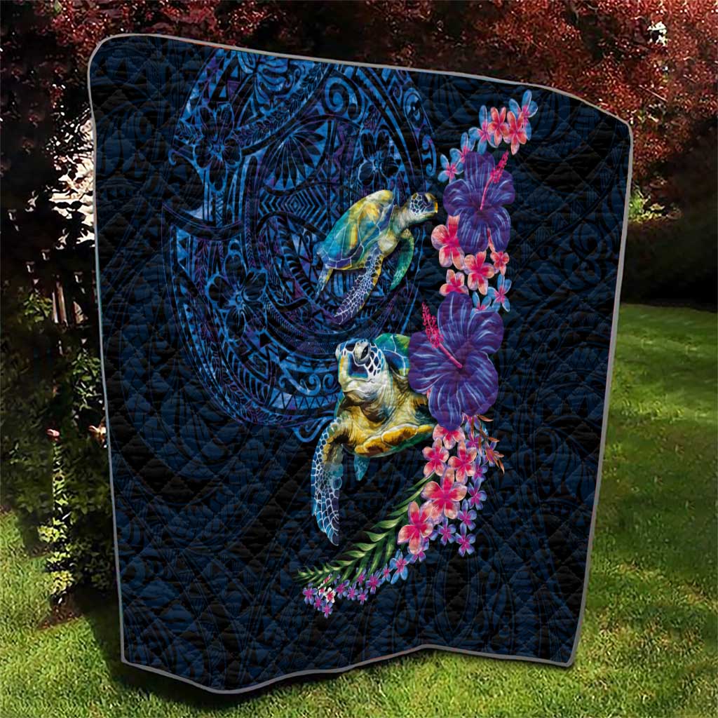Hawaiian Plumeria and Hibiscus with Turtles Quilt Polynesian Art Dark Cyan Color LT03 - Polynesian Pride