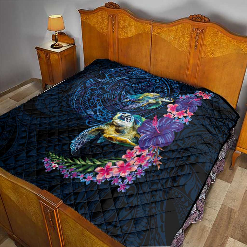 Hawaiian Plumeria and Hibiscus with Turtles Quilt Polynesian Art Dark Cyan Color LT03 - Polynesian Pride
