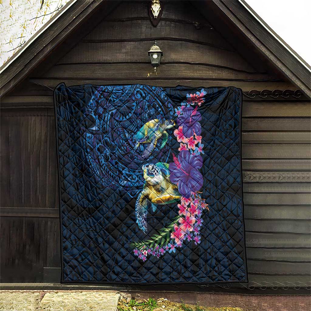 Hawaiian Plumeria and Hibiscus with Turtles Quilt Polynesian Art Dark Cyan Color LT03 - Polynesian Pride