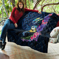 Hawaiian Plumeria and Hibiscus with Turtles Quilt Polynesian Art Dark Cyan Color LT03 - Polynesian Pride