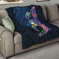 Hawaiian Plumeria and Hibiscus with Turtles Quilt Polynesian Art Dark Cyan Color LT03 - Polynesian Pride